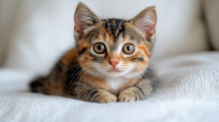 Fototapeta premium A playful calico kitten gazes curiously while resting on a soft surface