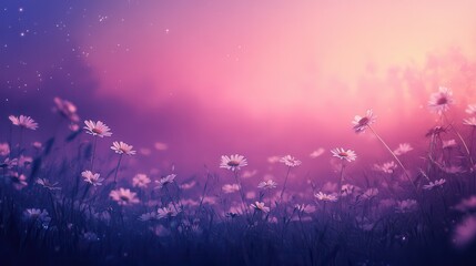 A serene landscape featuring blooming flowers under a colorful sky at dusk.