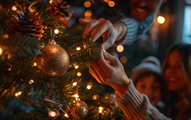 Family decorating a Christmas tree with ornaments and lights, creating a warm and festive holiday atmosphere at home.