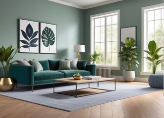 Fototapeta premium Interior of living room with blue sofa 3d rendering