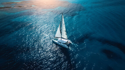 Drone viwe Yacht catamaran sailing on the sea with clear blue sky
