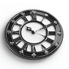 Fototapeta premium Large ornate wall clock with Roman numerals and decorative elements on a white background, showcasing classic timeless design.