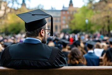 Obraz premium A graduate wearing a cap and gown sits with their back to the camera during an outdoor graduation ceremony, symbolizing achievement and the beginning of a new journey.