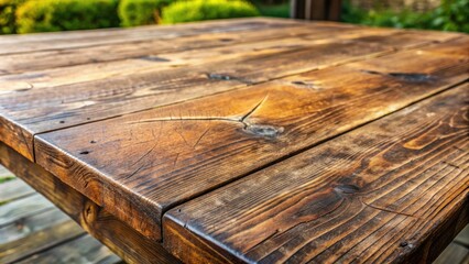 Fototapeta premium Weathered wooden table top with cracks, scratches, and worn edges, featuring a rich brown patina and a subtle sheen from years of use and wear.