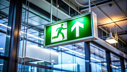 Fototapeta premium Well-lit illuminated signage indicating emergency exit routes in a modern office building, guiding occupants to safety during unexpected situations or evacuations.