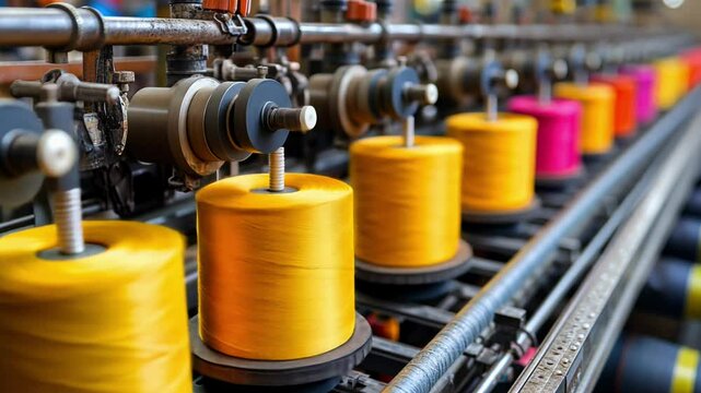 Colorful spools of thread are expertly arranged on machinery, showcasing the intricate steps of textile manufacturing.