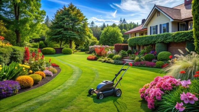 Well-manicured green lawn with vibrant flowers and lush foliage, featuring a sleek lawnmower parked on the side, surrounded by a beautiful serene outdoor setting.