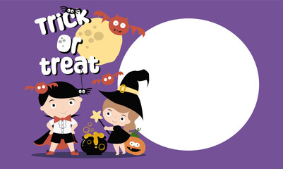 Fototapeta premium Halloween banner with girl and boy in carnival dracula and witch for halloween party. Vector invitation for Halloween