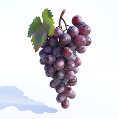 Fototapeta premium Fresh bunch of purple grapes with green leaves, isolated on white background. Perfect for health, food, and nature concepts in stock photography.