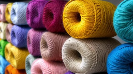 A vibrant array of yarn in multiple colors stacked neatly in a craft store, enticing crafters looking for inspiration.