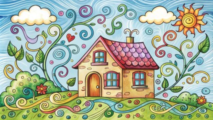 Whimsical hand-drawn doodle of a cozy house with bright windows, curly vines, and playful clouds, surrounded by bold lines and colorful scribbles.