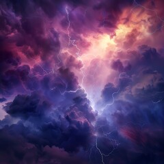 Dramatic sky with vibrant lightning and colorful clouds, showcasing the beauty and power of a storm during sunset.