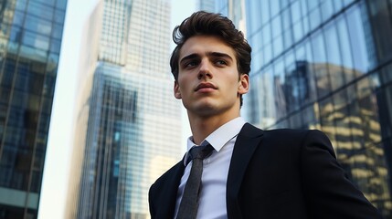 Fototapeta premium A man in a suit and tie stands before a tall building