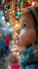 Close-up of a captivated child looking at colorful Christmas lights with wonder, wearing cozy winter clothes at a festive market.