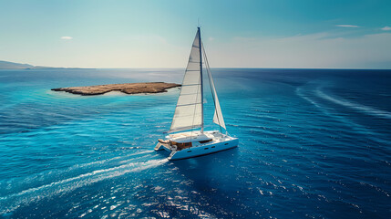 Naklejka premium Drone viwe Yacht catamaran sailing on the sea with clear blue sky