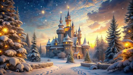 Whimsical winter wonderland scene with sparkling snowflakes, delicate frost, and lush evergreen trees surrounding a majestic, ornate, golden-lit fairy tale castle at dusk.