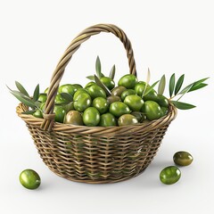 Basket filled with fresh green olives and olive leaves on a white background. Perfect for illustrating Mediterranean cuisine or healthy eating.