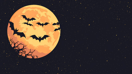 Halloween Night with Bats Flying Around Full Moon