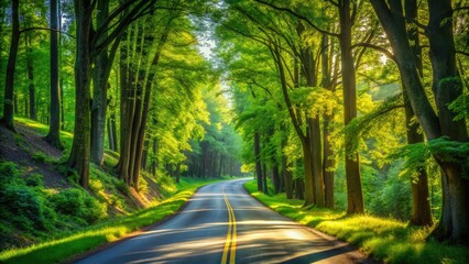 Obraz premium Winding asphalt road stretches through a lush green forest, with tall trees lining the sides, casting dappled shadows on a sunny afternoon.