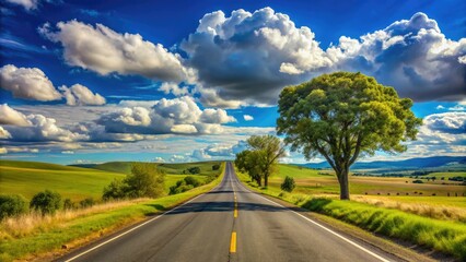 Fototapeta premium Wind-swept tree-lined rural highway stretches into the distance, flanked by rolling hills and vast blue sky with fluffy white clouds on a sunny day.