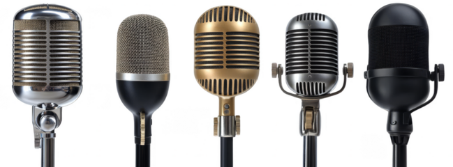 Retro and modern microphones studio equipment audio broadcasting transparent background