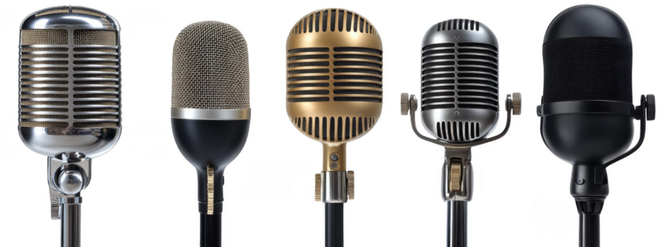 Retro and modern microphones studio equipment audio broadcasting transparent background