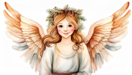 Beautiful watercolor illustration of a smiling angel with golden hair, wearing a floral crown and white gown, radiating warmth and serenity.