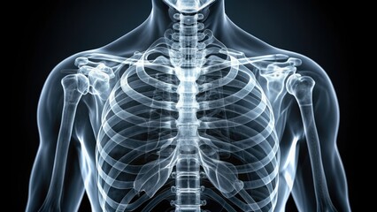 X-ray image of human ribcage and thoracic spine, highlighting intricate bone structure and detailed anatomy of the chest cavity in high contrast grayscale.