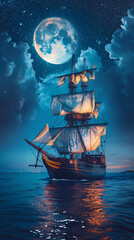 Fototapeta premium Sailing old ship in calm sea - Night sky with moon in the clouds