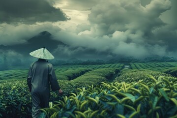 Fototapeta premium Photo of a Farmer working in a rice paddy field with a mountain backdrop planting rice seedlings by hand