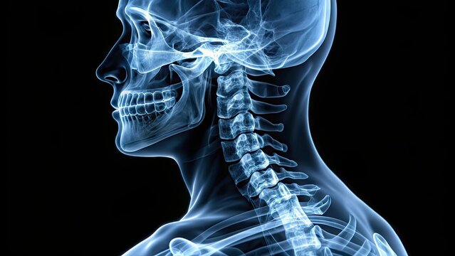 X-ray image of human neck showing seven cervical vertebrae in alignment, showcasing the natural curvature of the spine and vertebral disc spaces.