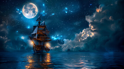 Sailing old ship in calm sea - Night sky with moon in the clouds