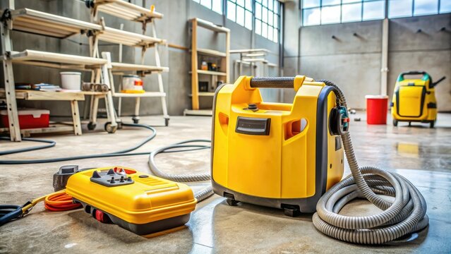 Yellow portable defibrillator machine with rescue kit and first aid equipment lies on a concrete floor amidst tools and construction materials at a building site.