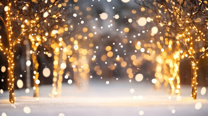 Obraz premium Winter landscape featuring illuminated trees adorned with fairy lights, creating a magical atmosphere in a snowy setting