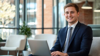 A man in a suit sits on a couch using a laptop for work