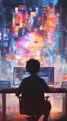 Obraz premium A digital art composition of an AI designer, seen from behind as they work on their computer at the desk in front of them
