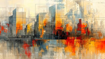 Abstract Cityscape with Geometric Lines and Vibrant Colors in a Modern Urban Digital Art Style.