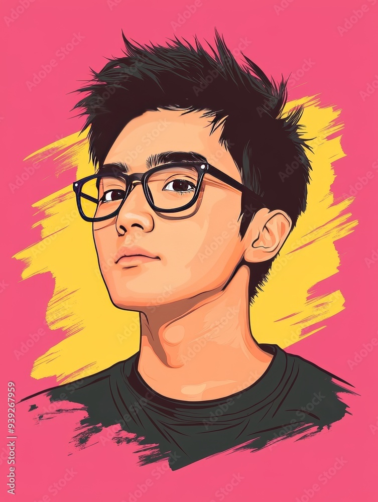 Sticker Portrait of a young man with glasses and a confident demeanor, set against a bright, pop art-inspired background, highlighting modern style and self-assurance.