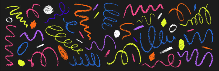 A set of confetti painted on a black background with a crayon. Vector illustration.