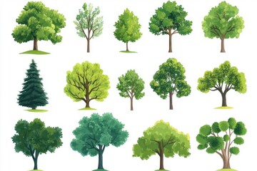 Isolated graphic set of flat tree illustrations