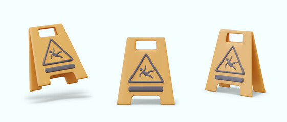 Yellow folding sign with falling man. Be careful, slippery floor. Inventory for cleaning service