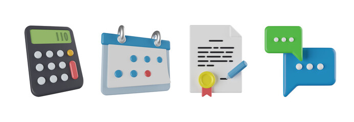 Calculator, Appointment, Certificate, Chat, startup 3d icon set, transparent background