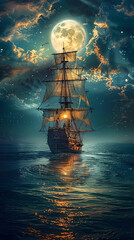 Fototapeta premium Sailing old ship in calm sea - Night sky with moon in the clouds