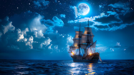 Fototapeta premium Sailing old ship in calm sea - Night sky with moon in the clouds