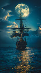 Fototapeta premium Sailing old ship in calm sea - Night sky with moon in the clouds