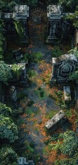 Obraz premium Aerial view of ancient stone ruins covered in lush greenery and fallen leaves, evoking a sense of mystery and exploration.