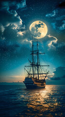 Fototapeta premium Sailing old ship in calm sea - Night sky with moon in the clouds