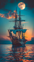 Obraz premium Sailing old ship in calm sea - Night sky with moon in the clouds