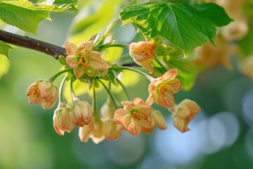 Obraz premium In-depth look at a blossoming maple plant, acer platanoides, within a plant conservatory, ideal for a spring-themed banner with sufficient area for text placement