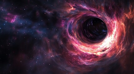 A black hole's immense gravity pulls in surrounding gas and dust, heating them intensely. From the black hole's poles, powerful gamma ray bursts erupt, shooting into the vastness of space. 